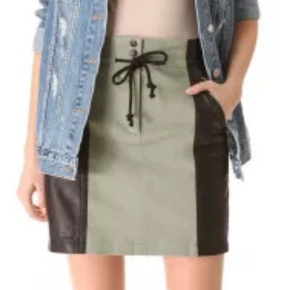 CUT25 BY YIGAL AZROUEL military green black leather combo Skirt Womens Size 6 - Picture 1 of 12